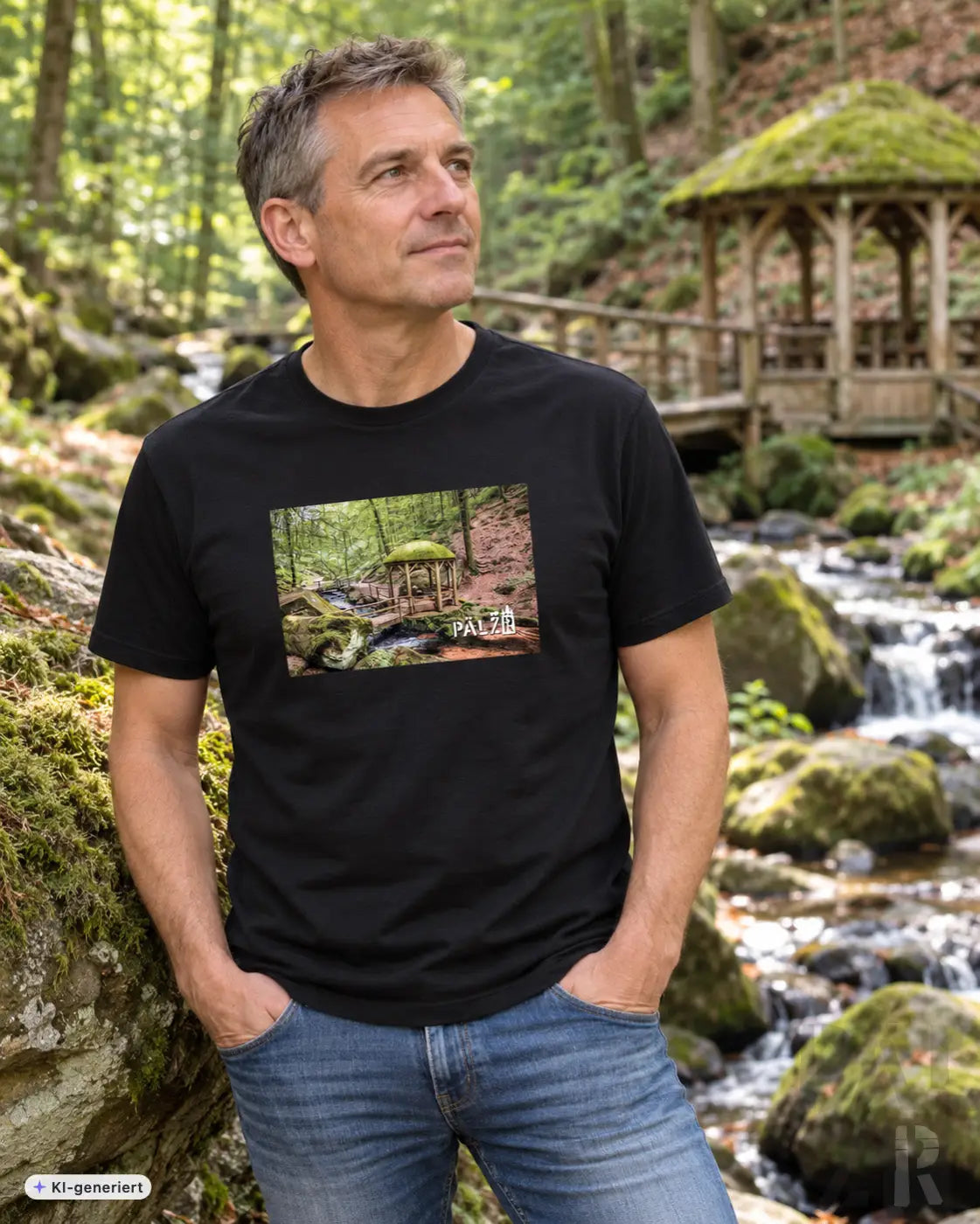 Schwarzes männer t-shirt aus baumwolle mit rechteckigem print eines moosbedeckten pavillons an einem bach und weißem palz schriftzug