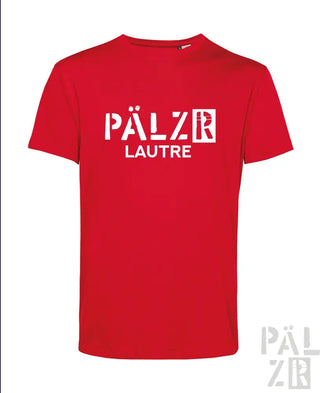 Rotes T-Shirt mit Textdesign „pälzr lautre“, aus Baumwolle.