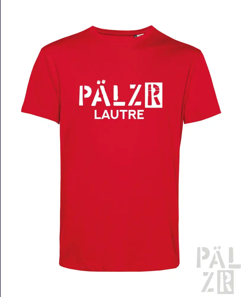 Rotes T-Shirt mit Textdesign „pälzr lautre“, aus Baumwolle.