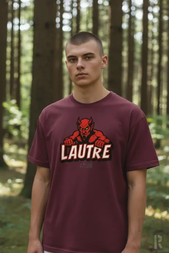 Bordeaux-Farbenes T-Shirt mit Teufel-Grafik und ‚lautre‘-Text, Baumwollmaterial.