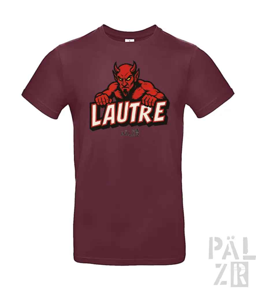 Bordeaux-Farbenes T-Shirt mit Teufel-Design und ’lautre’-Text, Baumwollmaterial.