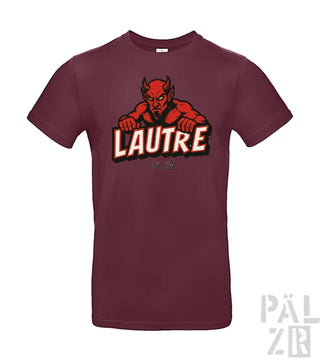 Bordeaux-Farbenes T-Shirt mit Teufel-Design und ’lautre’-Text, Baumwollmaterial.