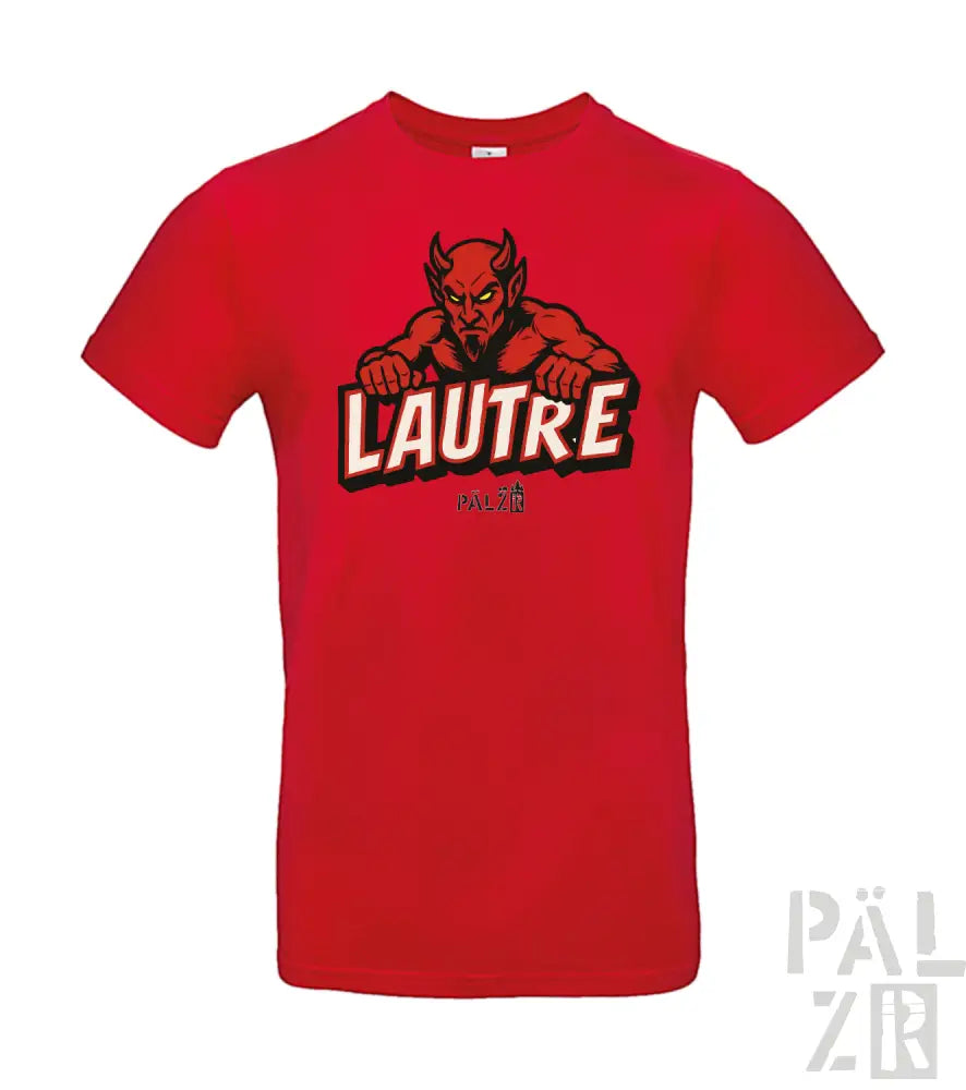 Rotes T-Shirt mit Teufel-Design und ’lautre’-Text, wahrscheinlich aus Baumwolle oder Polyester-Mischung.