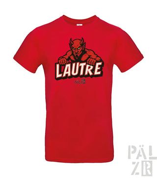 Rotes T-Shirt mit Teufel-Design und ’lautre’-Text, wahrscheinlich aus Baumwolle oder Polyester-Mischung.