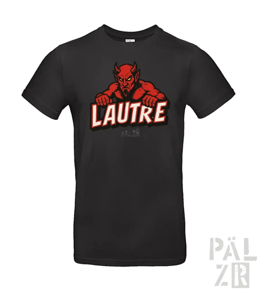 Schwarzes T-Shirt mit rotem Teufel-Design und weißem Text ’lautre’ auf der Vorderseite.