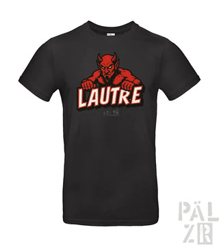 Schwarzes T-Shirt mit rotem Teufel-Design und weißem Text ’lautre’ auf der Vorderseite.