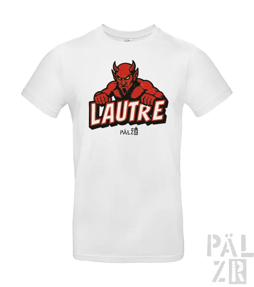 Weißes T-Shirt mit rotem Teufel-Design und Text „l’autre“ in Schwarz.