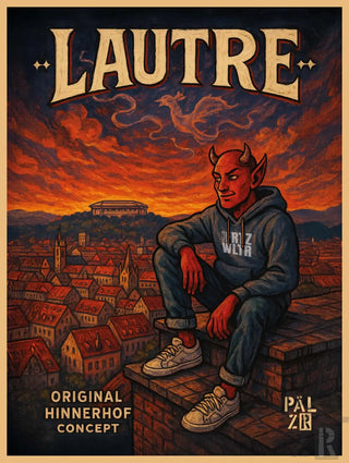 Rotes Teufel-Hoodie mit Hörner- und Schwanz-Design, weiße Sneaker.
