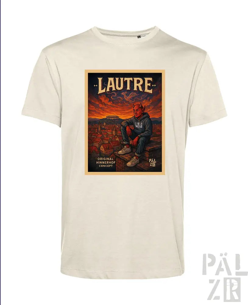 Cremeweißes T-Shirt mit Grafikdesign, das eine Figur und den Text „lautre“ in fetter, schwarzer Schrift auf einem orangenen Sonnenuntergangshintergrund zeigt.