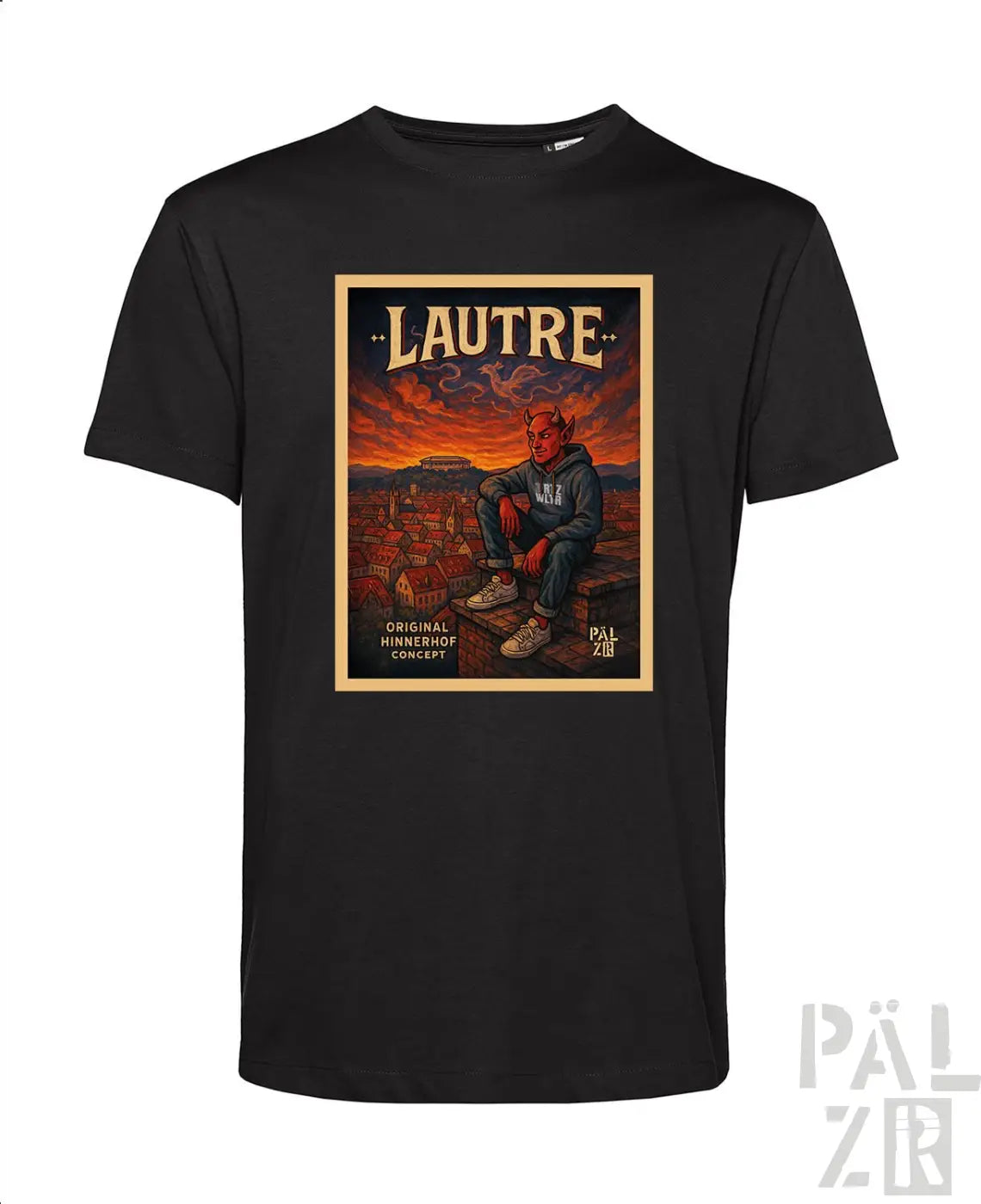 Schwarzes T-Shirt mit grafischem Design, das eine Figur und den Text ’lautre’ in einem goldenen Rahmen zeigt.
