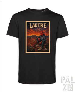 Schwarzes T-Shirt mit grafischem Design, das eine Figur und den Text ’lautre’ in einem goldenen Rahmen zeigt.