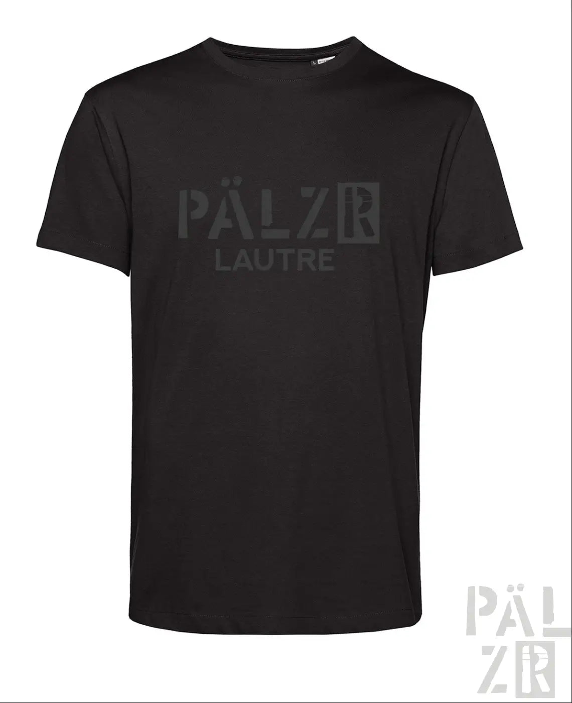 Schwarzes männers kurzarmshirt mit dezentem grauem pälzr lautre logo auf der brust verschiedene farben