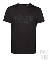 Schwarzes männers kurzarmshirt mit dezentem grauem pälzr lautre logo auf der brust verschiedene farben