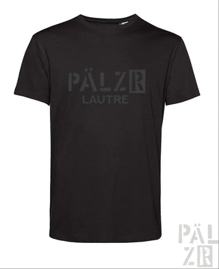 Schwarzes männers kurzarmshirt mit dezentem grauem pälzr lautre logo auf der brust verschiedene farben