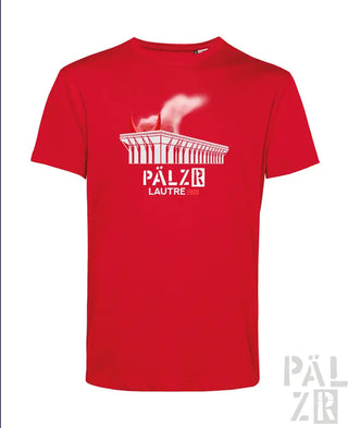 Rotes T-Shirt mit weißem Grafikdesign, das ein Stadion und eine Flamme zeigt, aus Baumwolle gefertigt.