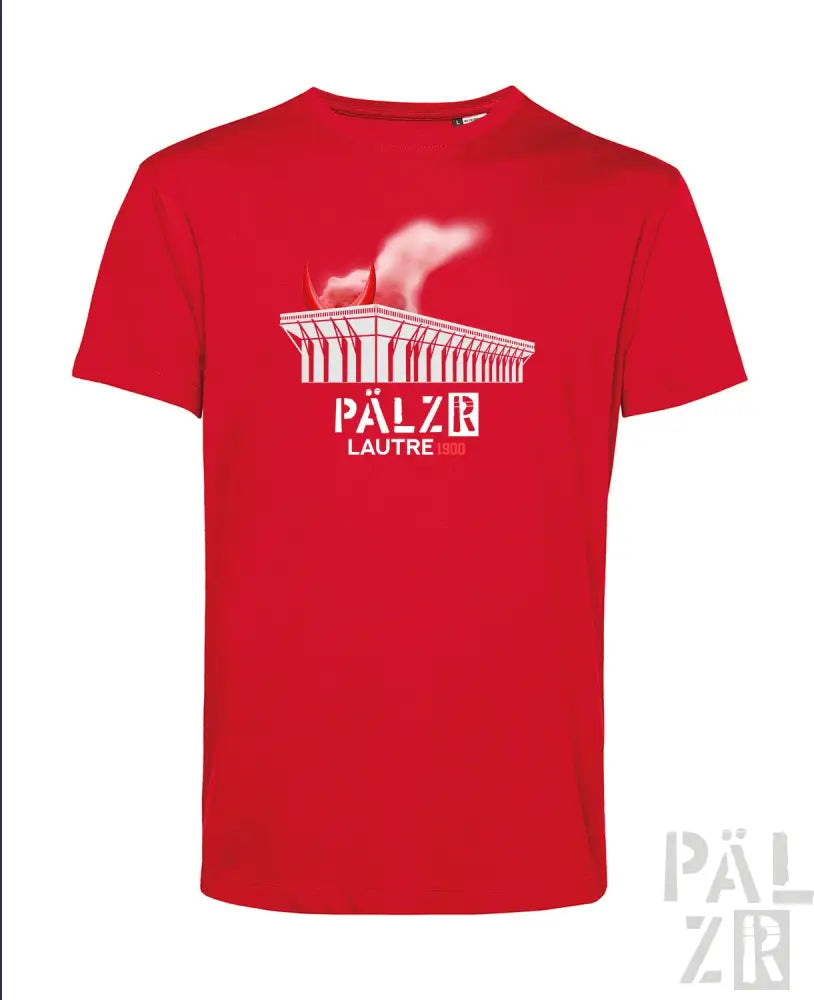 Rotes T-Shirt mit weißem Grafikdesign, das ein Stadion und eine Flamme zeigt, aus Baumwolle gefertigt.