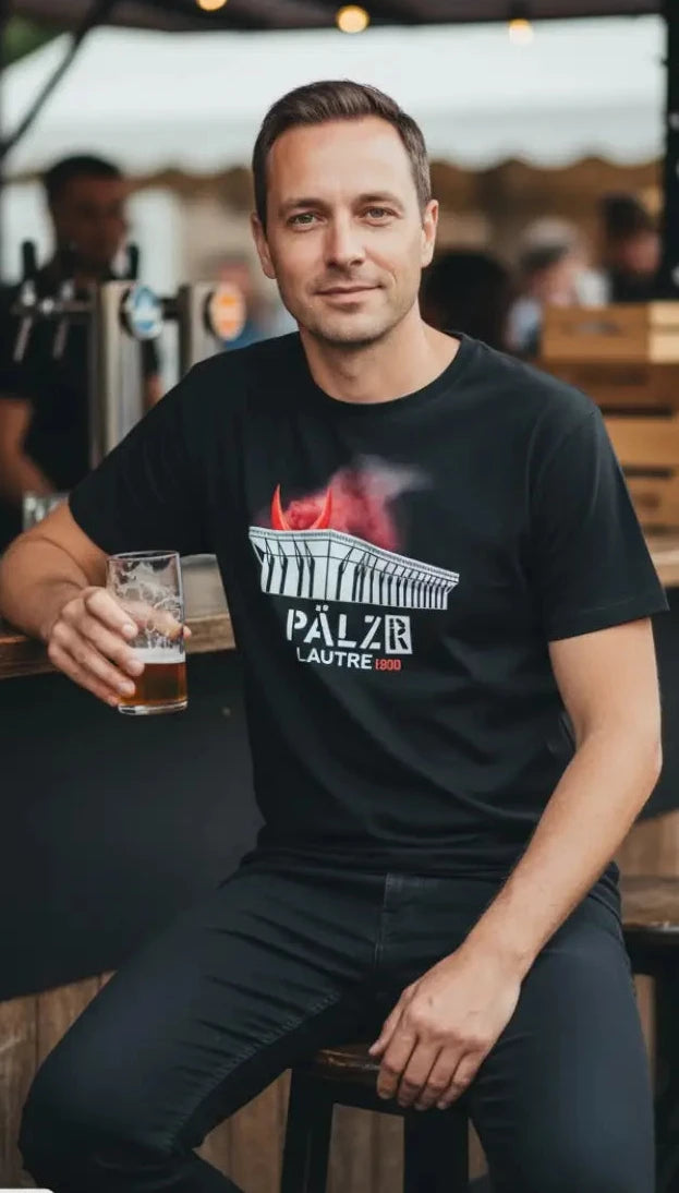 Schwarzes männer t shirt mit weißem gebäudegrafik und roten flammen sowie pälzb lautre 20 textdruck
