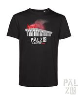 Schwarzes männer t-shirt mit weißem gebäudegrafik und roten teufelshörnern lautre1900 design