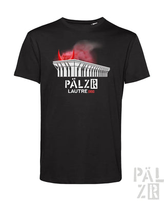 Schwarzes männer t-shirt mit weißem gebäudegrafik und roten teufelshörnern lautre1900 design