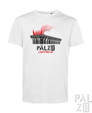 Weißes männer baumwoll t-shirt mit schwarzem und rotem stadion grafik und pinkem rauch lautre1900 design
