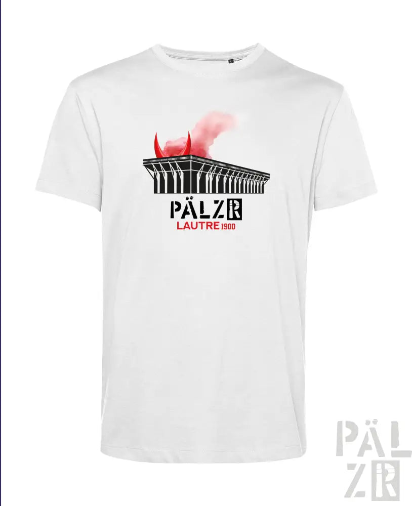 Weißes T-Shirt mit schwarz-roter Gestaltung, die eine Silhouette eines Gebäudes, ein Flammenmotiv und den Text ’pälzr lautre 2013’ auf der Vorderseite zeigt.