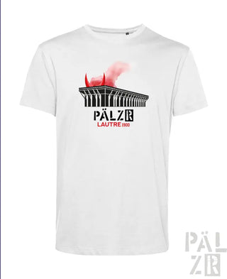 Weißes T-Shirt mit schwarz-roter Gestaltung, die eine Silhouette eines Gebäudes, ein Flammenmotiv und den Text ’pälzr lautre 2013’ auf der Vorderseite zeigt.
