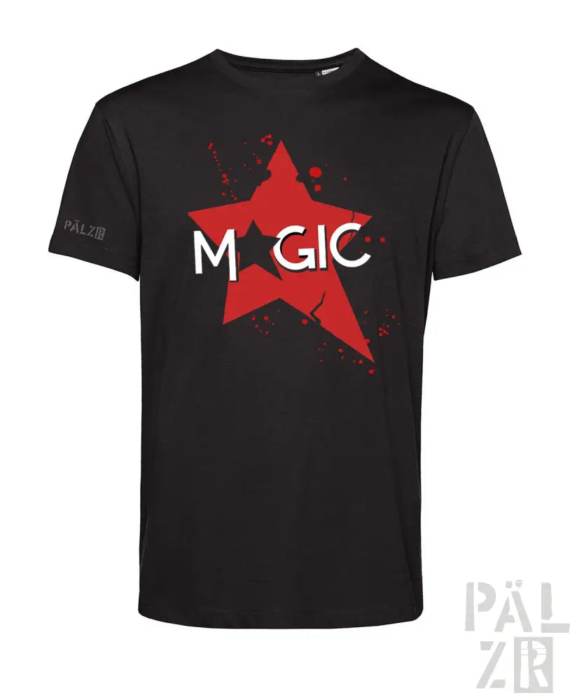 Schwarzes T-Shirt mit rotem Stern und weißem Text ’magic’ Design, aus Baumwolle.