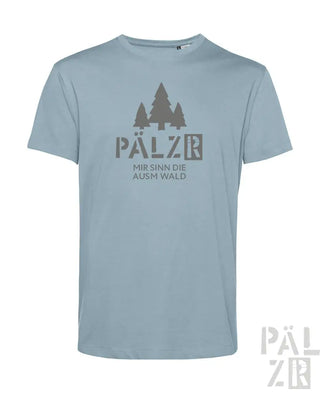 Blaues Bio-Baumwoll-T-Shirt mit ‚pälzr‘-Logo und Baum-Design.
