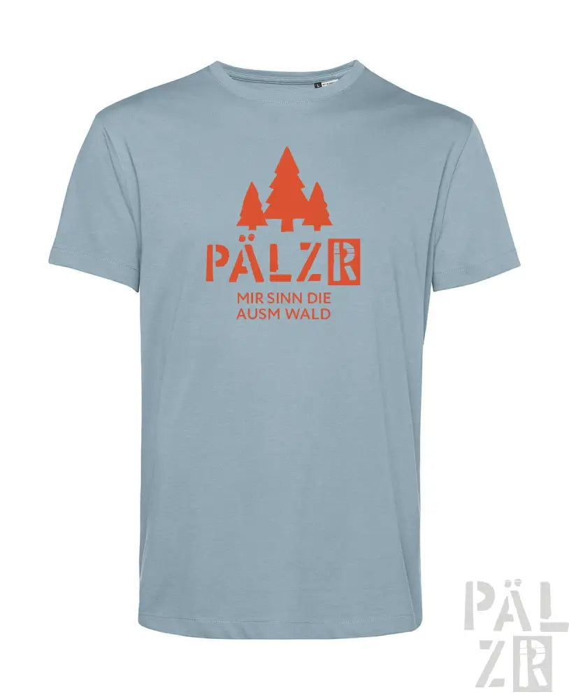 Blaues T-Shirt mit rotem Baum-Design und Text „pälzr“