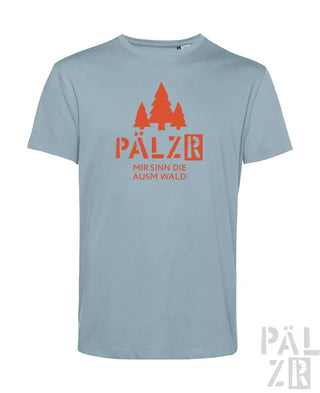Blaues T-Shirt mit rotem Baum-Design und Text „pälzr“