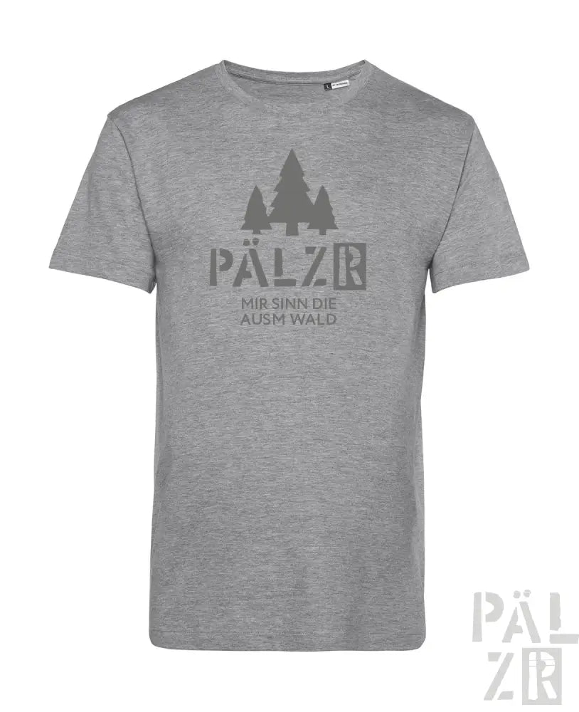 Graues Bio-Baumwoll-T-Shirt mit ‚pälzer‘- und Baum-Design.
