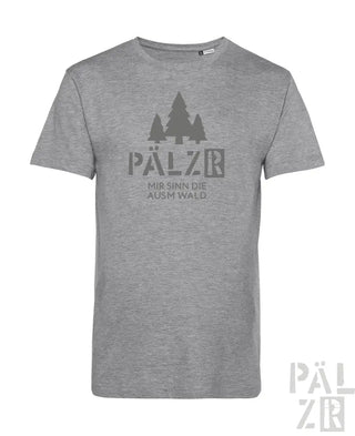 Graues Bio-Baumwoll-T-Shirt mit ‚pälzer‘- und Baum-Design.