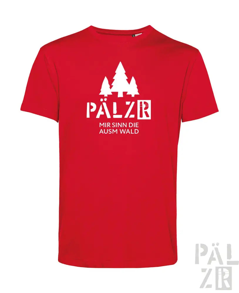 Rotes T-Shirt mit weißem Text und Design mit Bäumen, ’pälzr’-Logo und Slogan.