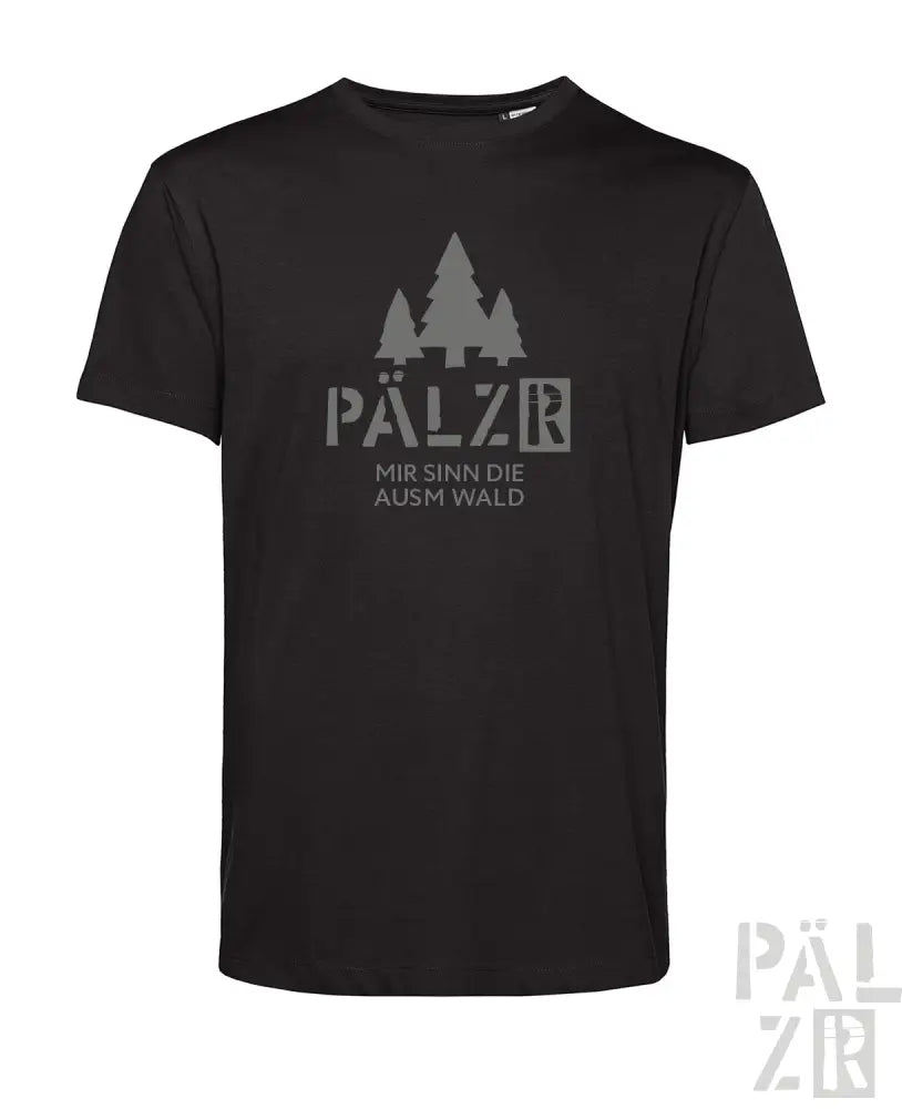Schwarzes Bio-Baumwoll-T-Shirt mit silbernem Baum-Design und Text ‚pälzr mir sind die ausm wald‘ auf der Vorderseite.