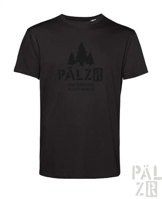 Schwarzes T-Shirt mit ’palz’-Logo und Bergdesign, aus Baumwolle.