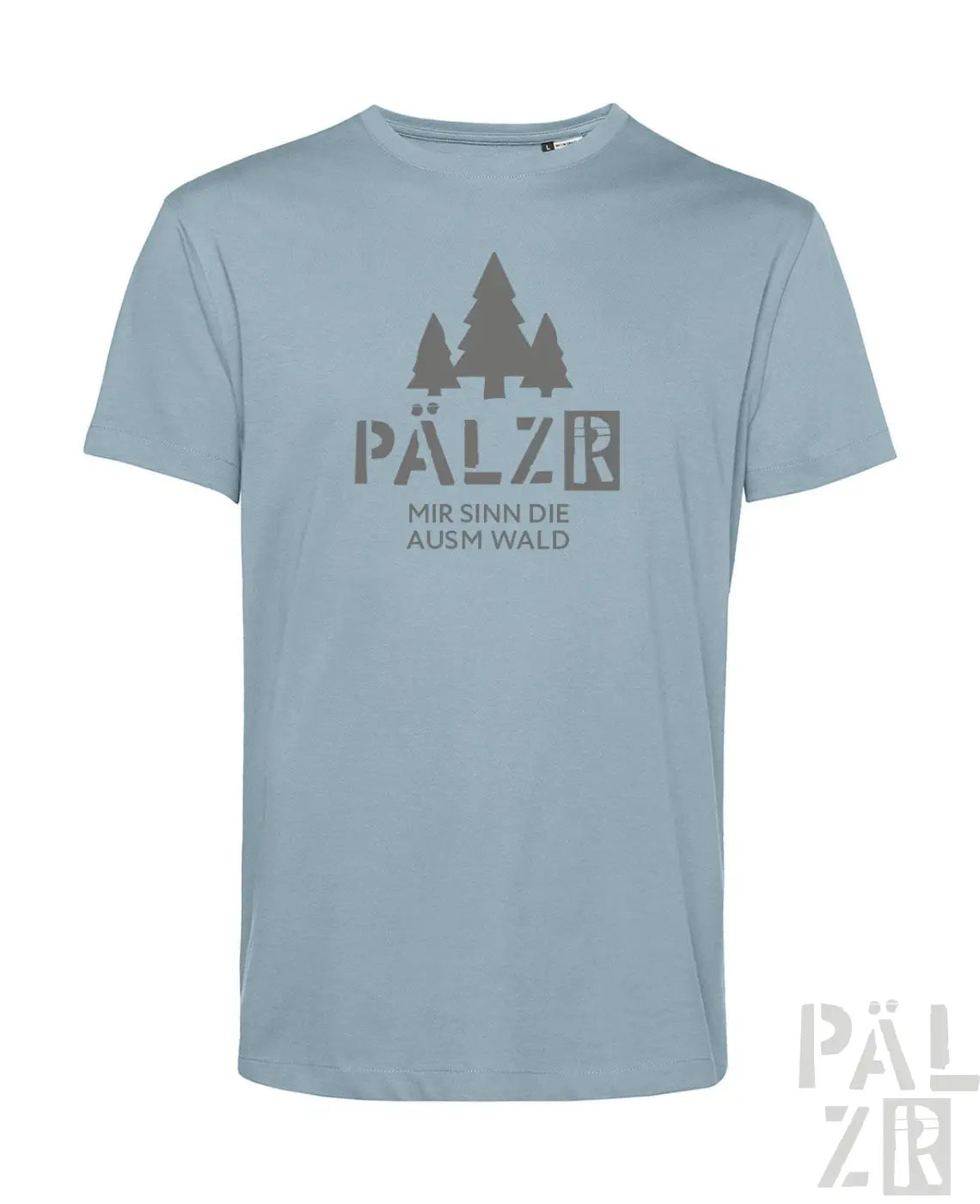 Männer t-shirt in hellblau mit grauem motiv drei kiefern und text pälz mir sinn die ausm wald