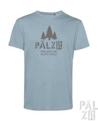 Männer t-shirt in hellblau mit grauem motiv drei kiefern und text pälz mir sinn die ausm wald