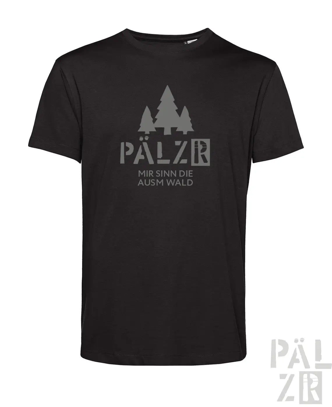 Schwarzes männer t-shirt mit kurzen ärmeln und grauem waldgrafik mit text pälzr mir sind die ausm wald