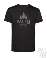 Schwarzes männer t-shirt mit kurzen ärmeln und grauem waldgrafik mit text pälzr mir sind die ausm wald