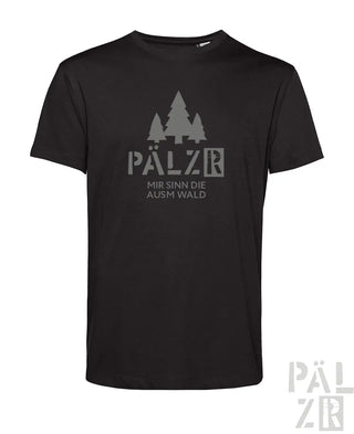 Schwarzes männer t-shirt mit kurzen ärmeln und grauem waldgrafik mit text pälzr mir sind die ausm wald