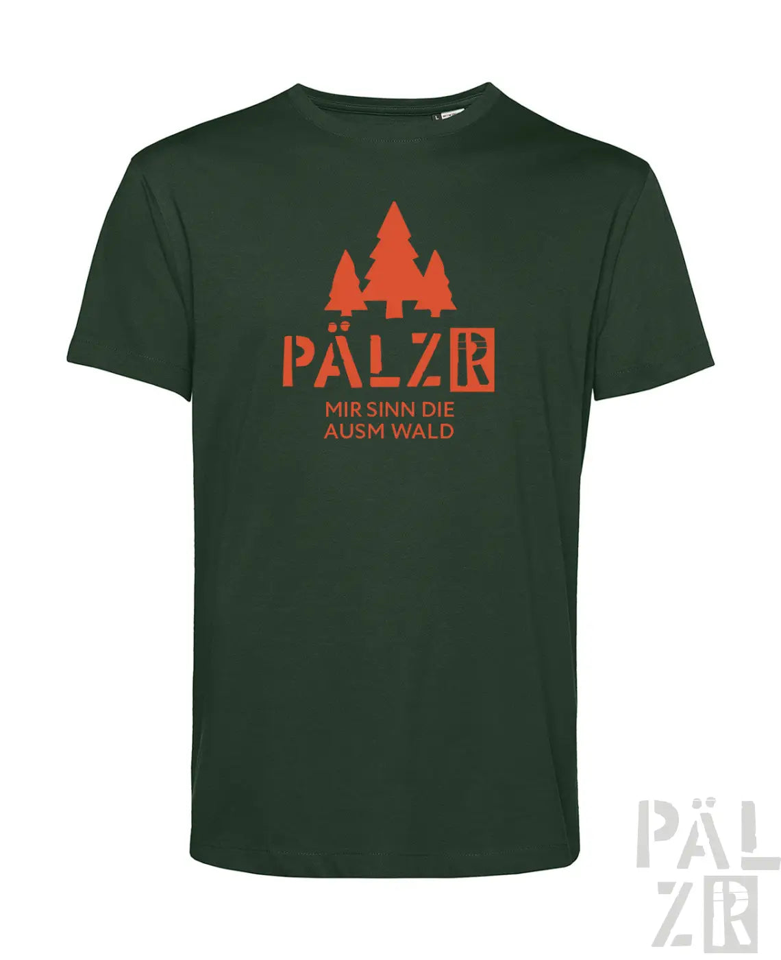 Dunkelgrünes männer t-shirt mit kurzen Ärmeln und orangefarbenem nadelbaum grafikmotiv mir sind die ausm wald
