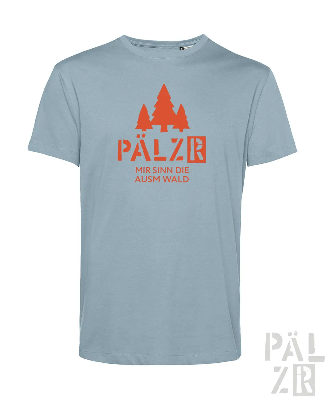 Lichtblaues männer t-shirt mit orangefarbenem grafikmotiv drei kiefern und text pälzr mir sind die auswald