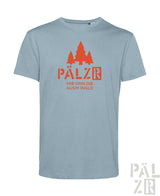 Lichtblaues männer t-shirt mit orangefarbenem grafikmotiv drei kiefern und text pälzr mir sind die auswald