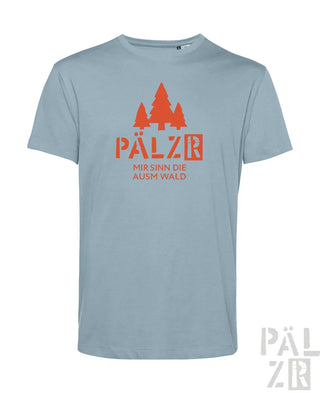 Lichtblaues männer t-shirt mit orangefarbenem grafikmotiv drei kiefern und text pälzr mir sind die auswald