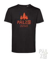 Schwarzes männer t-shirt mit kurzem arm und orangefarbenem pälz wald grafikdruck mir sind die ausm wald