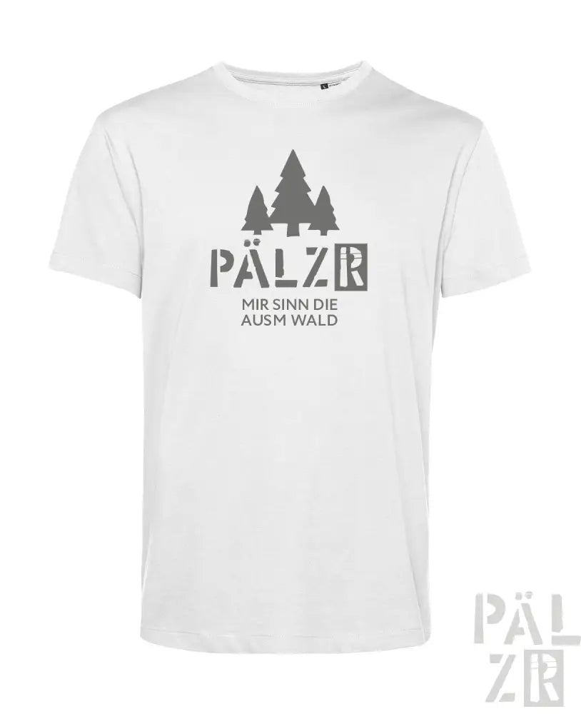 Weißes T-Shirt mit schwarzem Text und Design mit Bäumen.