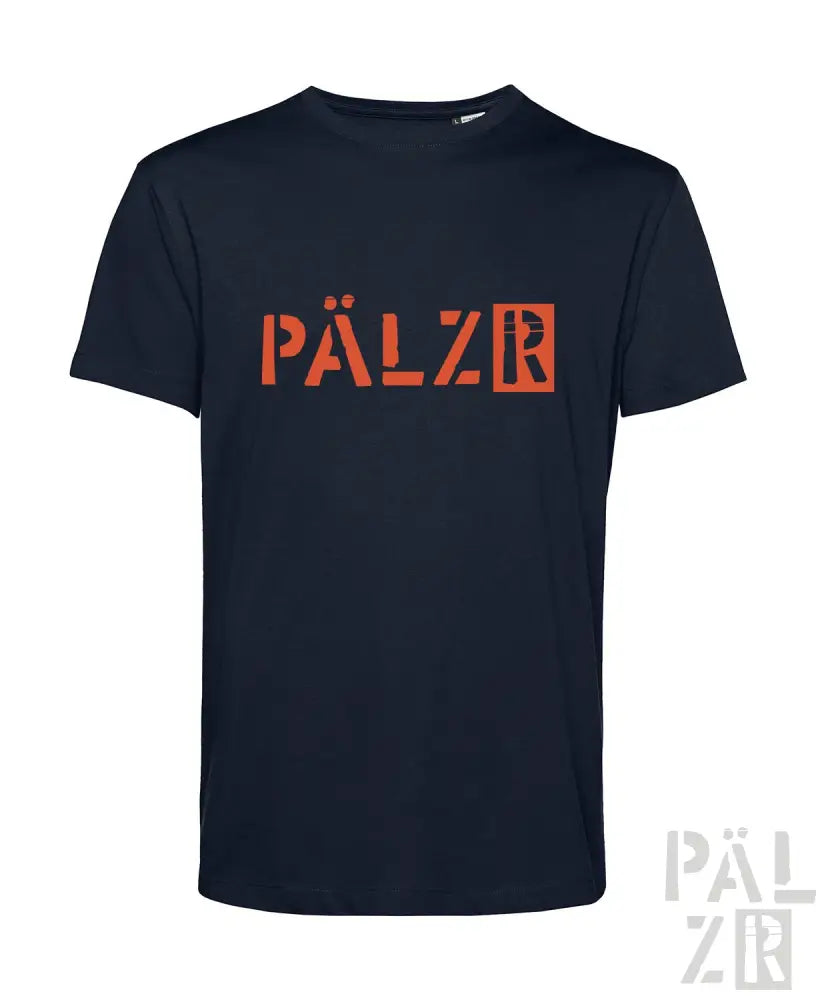 Marineblaues Pälzer T-Shirt mit orangem Logodesign.