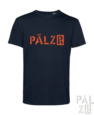 Marineblaues Pälzer T-Shirt mit orangem Logodesign.