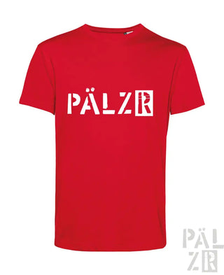 Rotes T-Shirt mit weißem ’pälzr’-Logo-Design, Baumwollmaterial.
