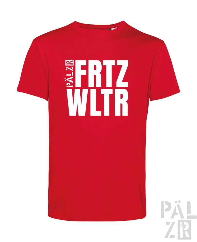 Rotes T-Shirt mit weißem Textdesign, das die Marken ’frtz wltr’ und ’pälzr’ zeigt.